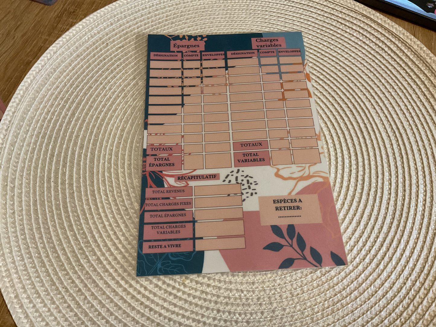 Fiche budget « épargnes /charges variables format A5